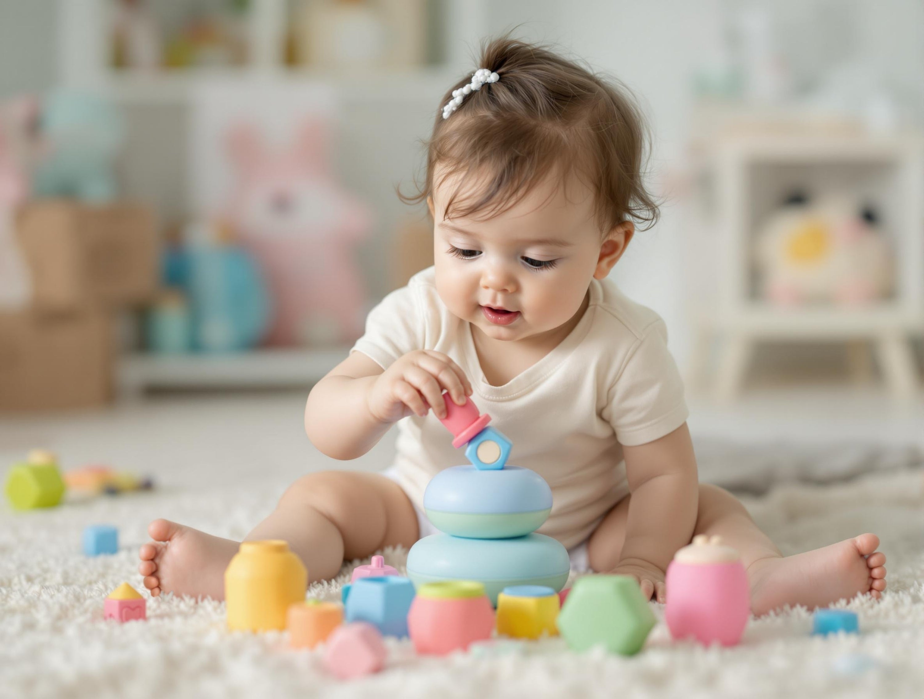 Cute baby playing with toys, cream, pink and blue