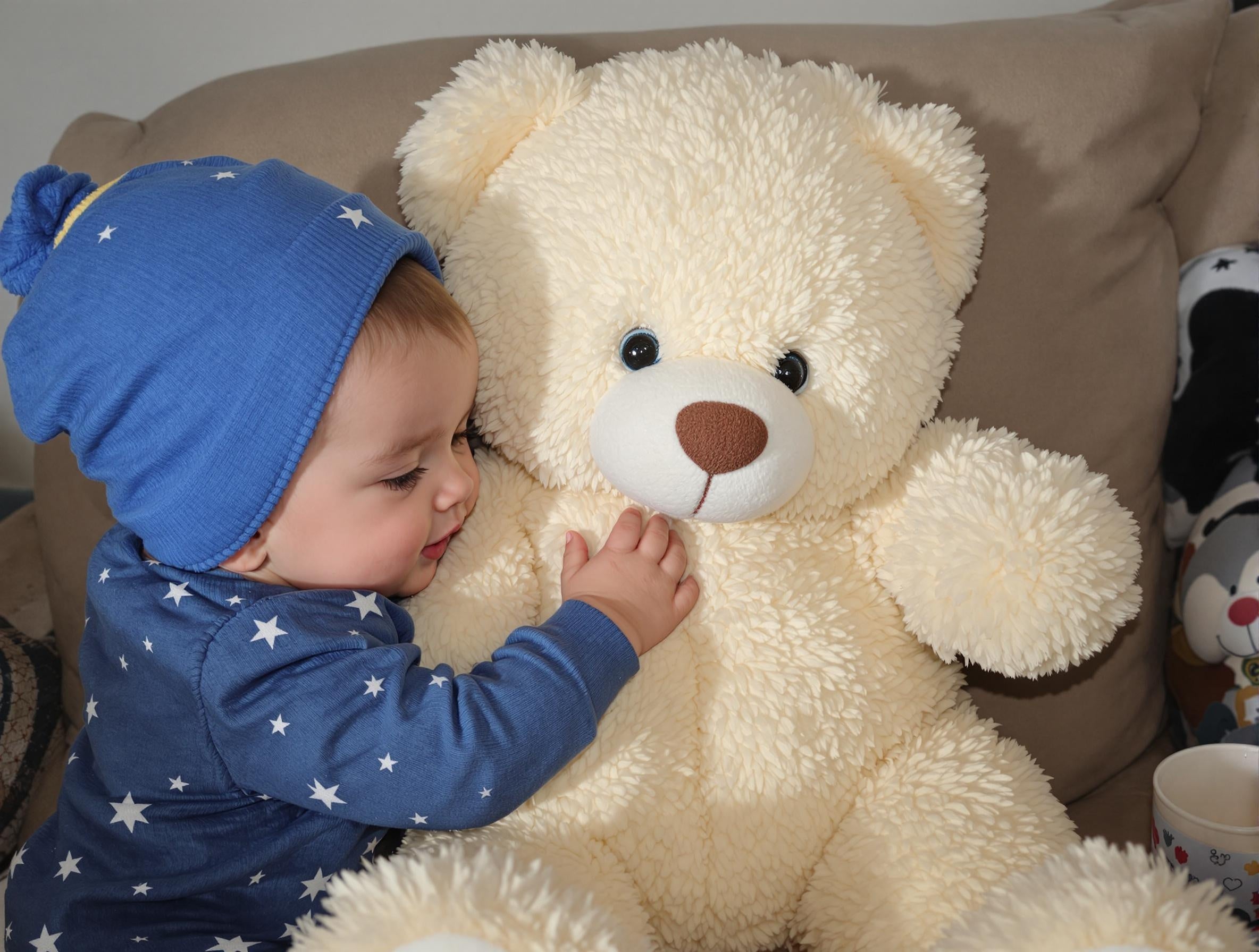 Baby cuddling teddy bear wearing blue