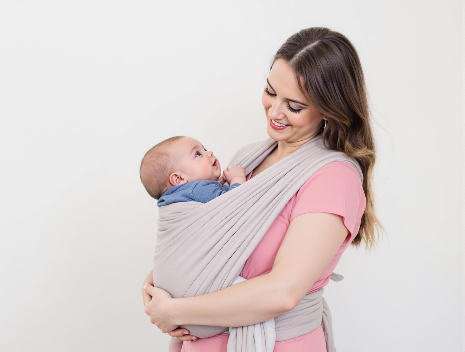 Woman holding a baby in a gray wrap against a white background